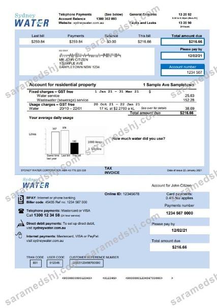 Australia Sydney water utility bill